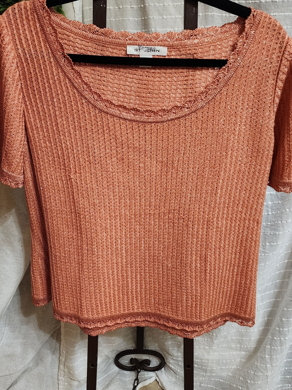 St. John Metallic Knit Top in Sparkling Peach-Orange